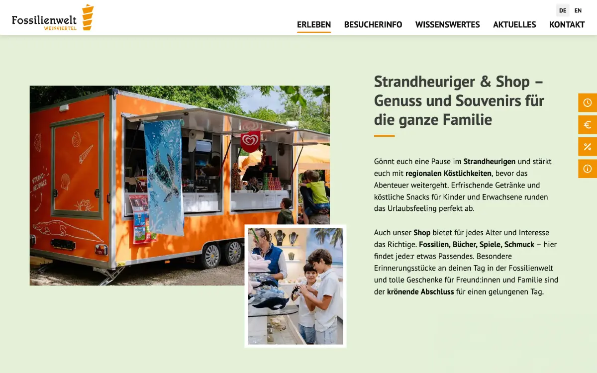 Strandheuriger und Shop der Fossilienwelt Weinviertel mit orangefarbenem Verkaufswagen